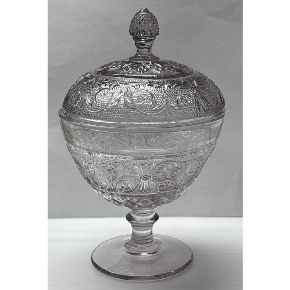 Duncan Miller Sandwich Glass Pale Lavender Lilac Covered Candy Dish Pedestal